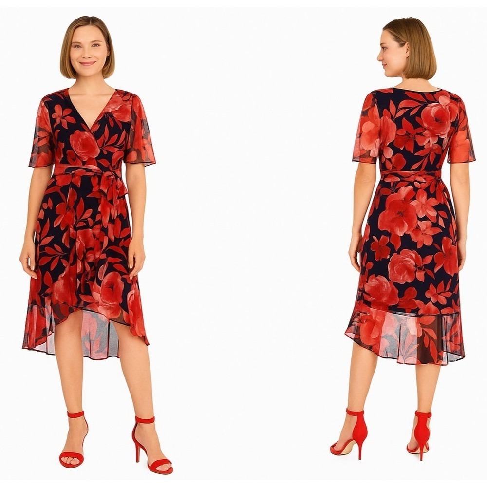 Connected Petite Printed Surplice-Neck Mesh Faux-Wrap Dress Women's Size 6P